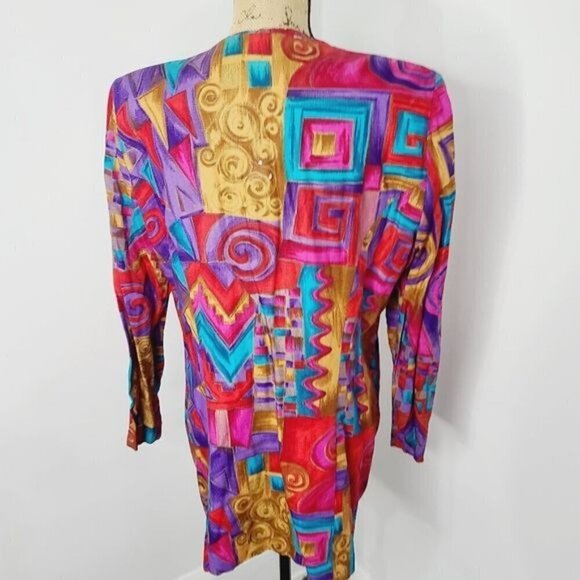 Vintage 90s Colorful Artsy Blazer / Eclectic Funky Neon Pink Red - Picture 3 of 12